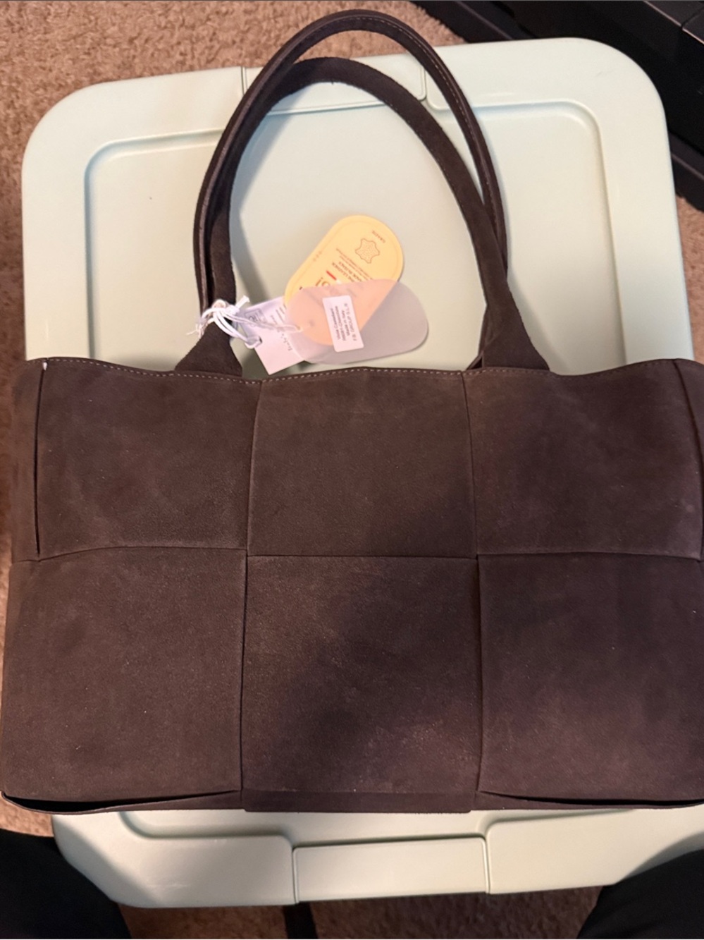Woven Panel Dark Brown Suede Tote - Everyday Carry